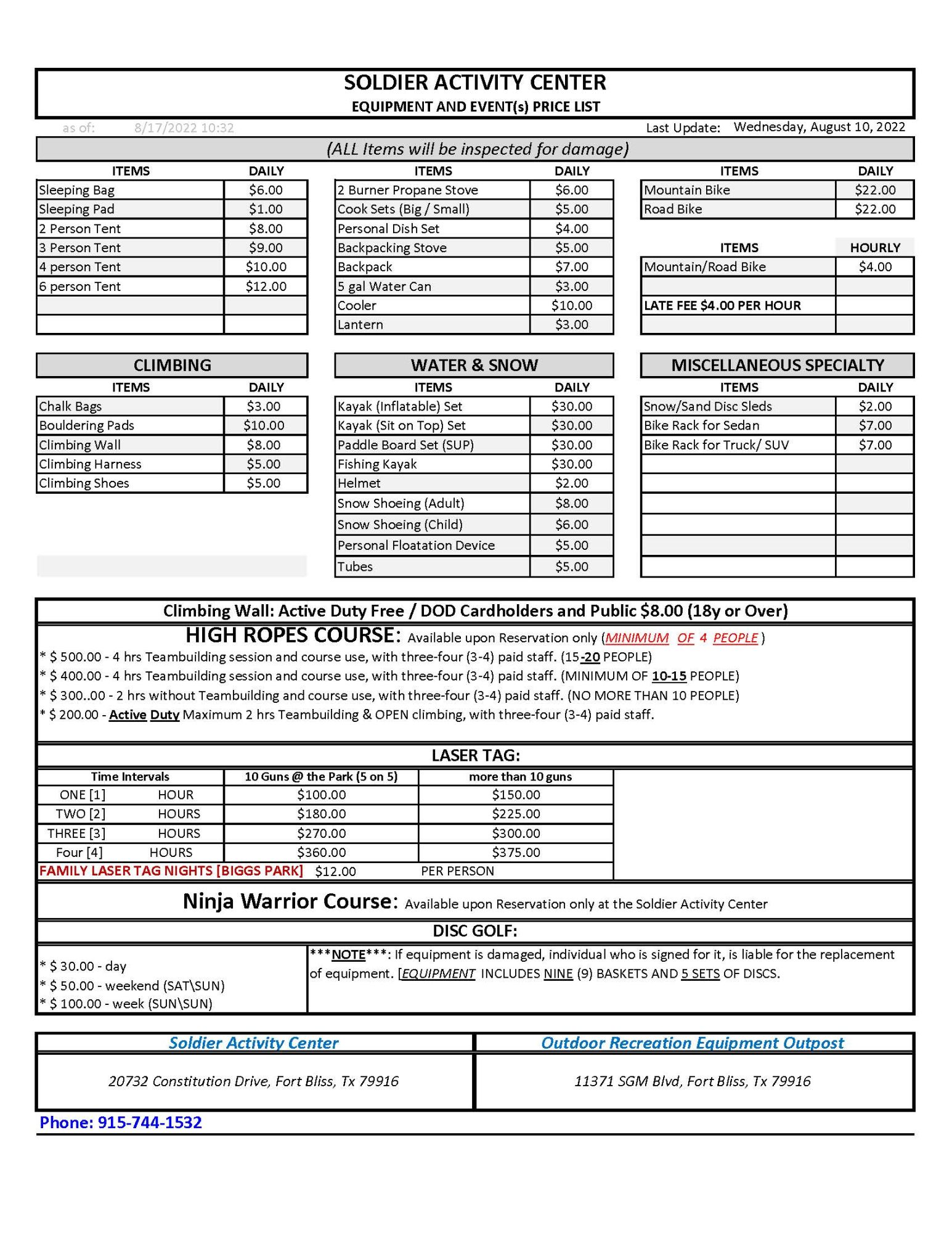 Outdoor Recreation Ft. Bliss US Army MWR